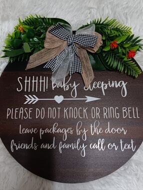 Round Wooden Door Sign "Shhh! Baby Sleeping" with Greenery and Bow